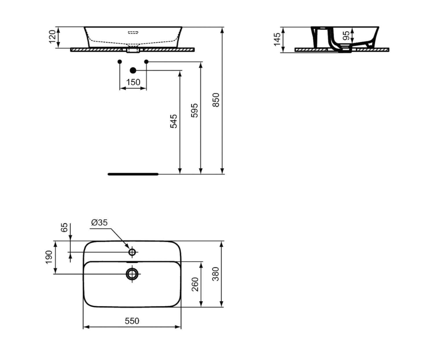 Ideal Standard, IPALYSS. Umywalka nablatowa 55x38 cm E2077V5 - obrazek 2